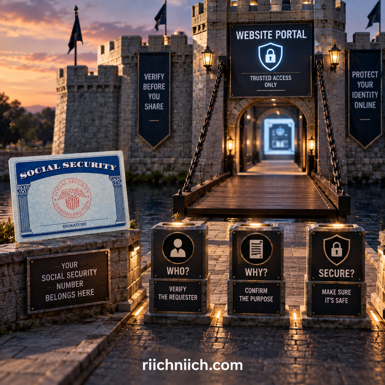 how to protect your Social Security number: Cybersecurity Castle Portal at Sunset