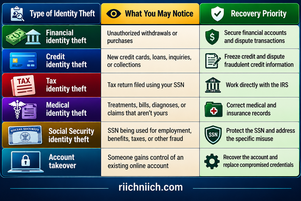 how to recover from identity theft: Types of Identity Theft — Warning Signs and Recovery Priorities