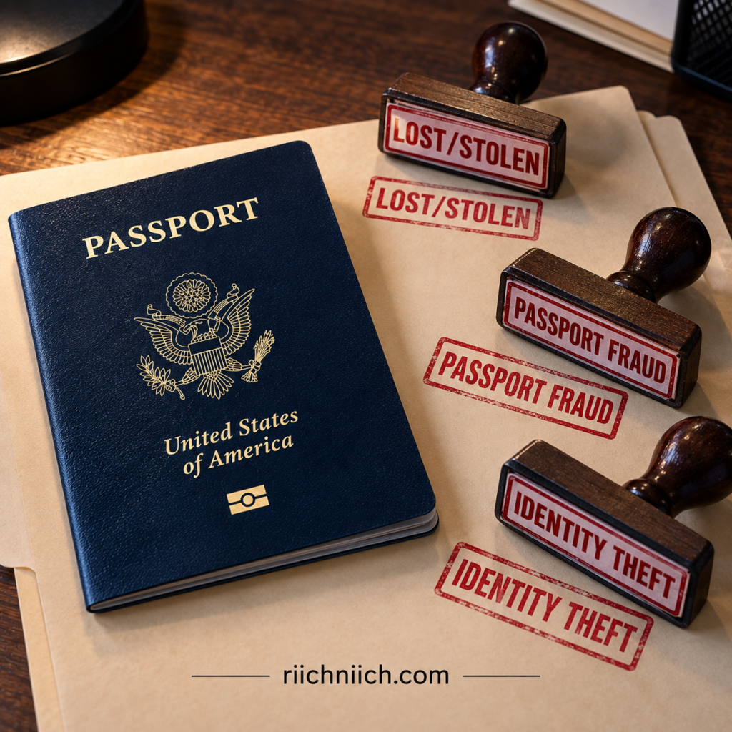 how to protect your passport from identity theft: Passport Fraud Stamps on Desk