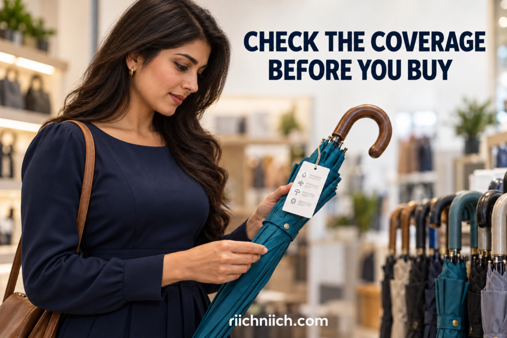 what is synthetic identity theft: 
Woman checking umbrella coverage in store