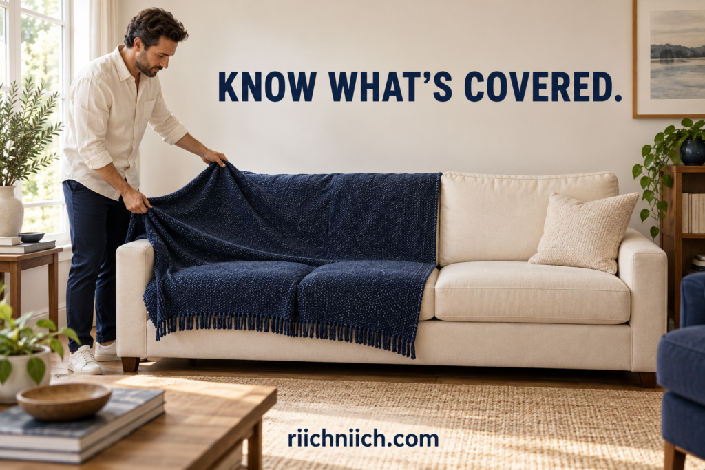 what is synthetic identity theft: Navy blanket leaves cream sofa uncovered
