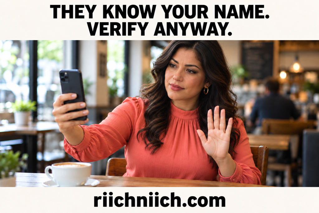 how criminals use stolen personal information: Café Woman Checking Phone, Raised Hand