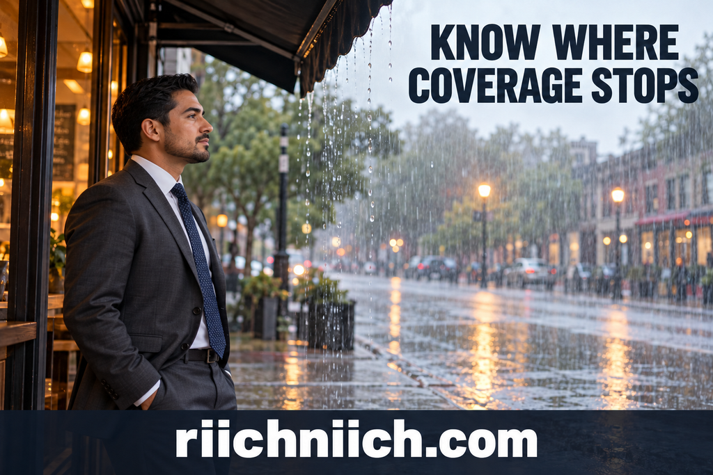 identity theft insurance: Suit-Clad Man Under Rainy Café Awning
