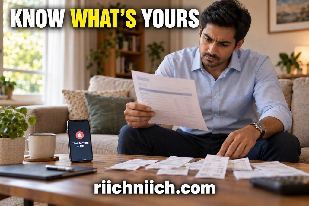 identity theft prevention checklist: Indian Man Comparing Statements and Receipts