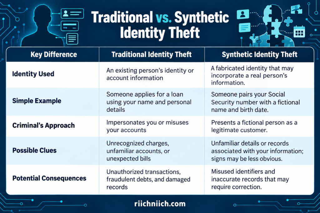 what is synthetic identity theft: 
Traditional vs. synthetic identity theft